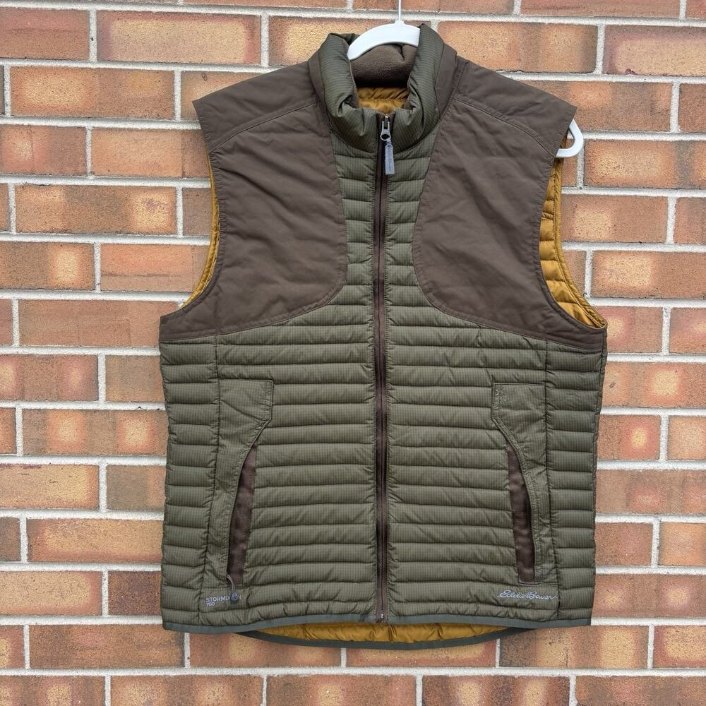 Eddie Bauer Vest Goose Down Puffer Sport Shop Green Brown Mens Medium Flaws
